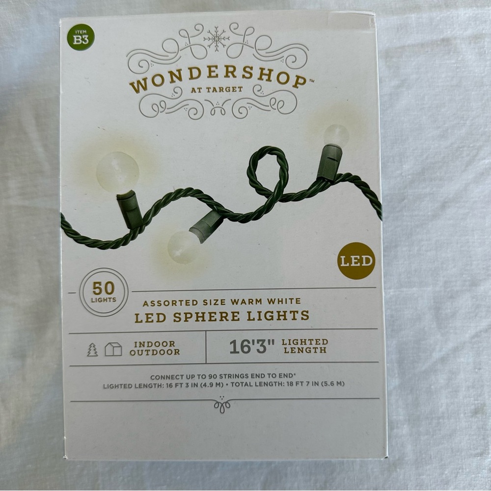 New, Unused Wondershop Warm White LED Sphere Lights with Green Wire - 16’3’’
